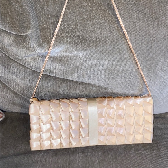 Jessica McClintock Champagne Woven Clutch Satin Handbag Formal - Picture 1 of 11